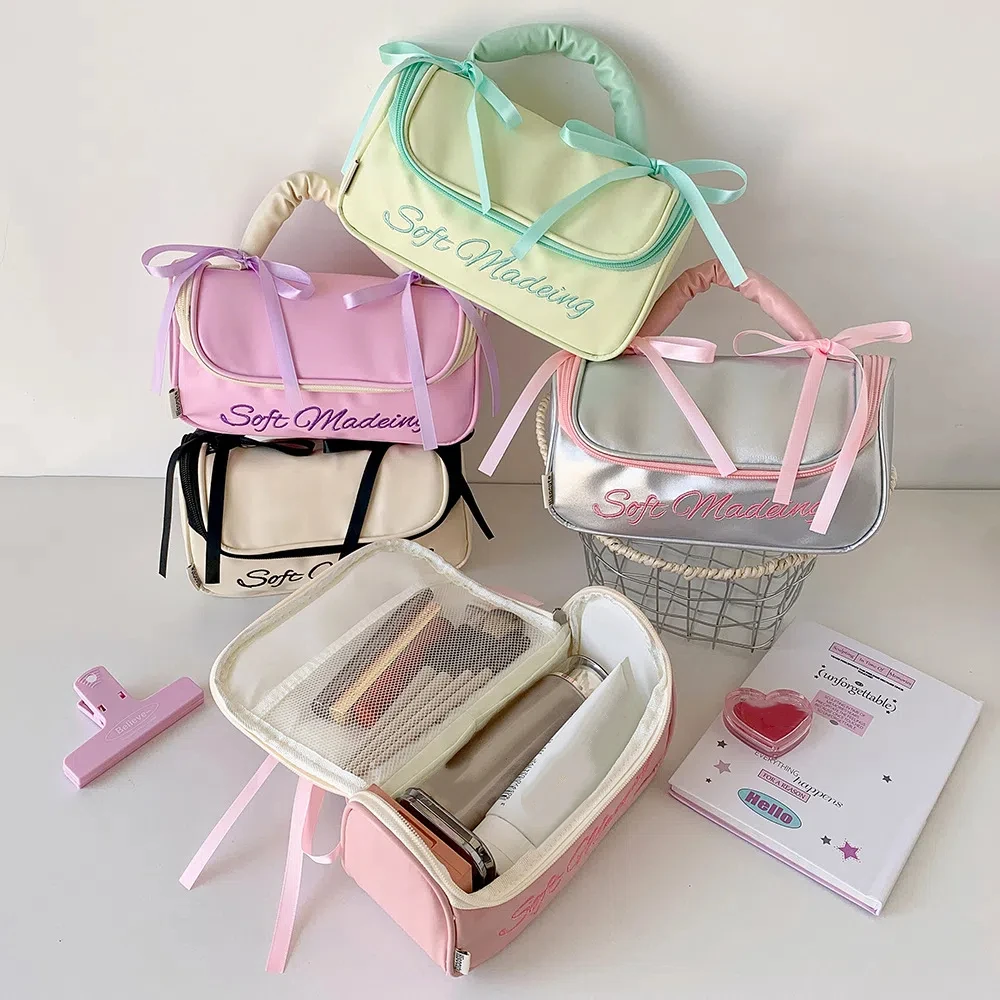 بو الجلود Y2K القوس حقيبة التخزين Bowknot تخزين سطح المكتب الكورية نمط مقلمة مستحضرات التجميل بطاقة القلم الجمالية القوس حقيبة أدوات مكتبية #1