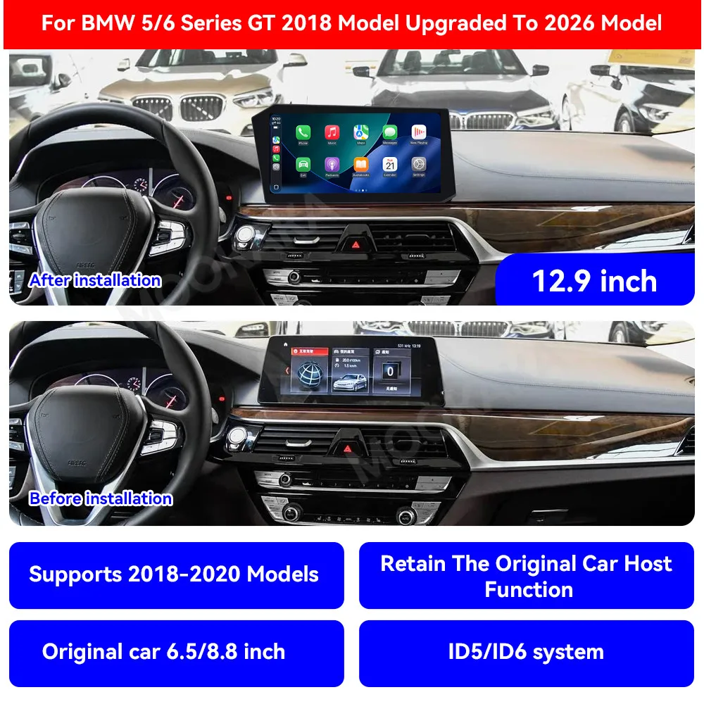 أندرويد 14 ستيريو تلقائي 12.9 "لسيارات BMW 5 Series 6 Series Gran Turismo 5GT 6GT 2018-2020 راديو السيارة نظام تحديد المواقع والملاحة رئيس وحدة Carplay