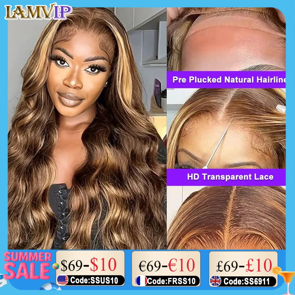 

13x4 4/27 Highlight Wig Human Hair Wigs For Women Lace Frontal Wigs For Women Pre Plucked With Baby Hair 250% Density