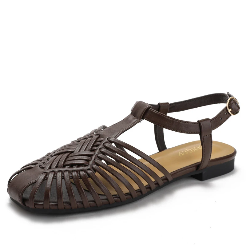 

Retro Roman-style closed-toe buckle sandals, summer hand-woven pig cage shoes, flat casual sandals