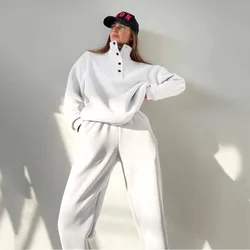 New Fashion Solid Color Casual Two-piece Set, Stand Collar Pullover Top + Elastic Waist Long Pants for Women Spring and Autumn