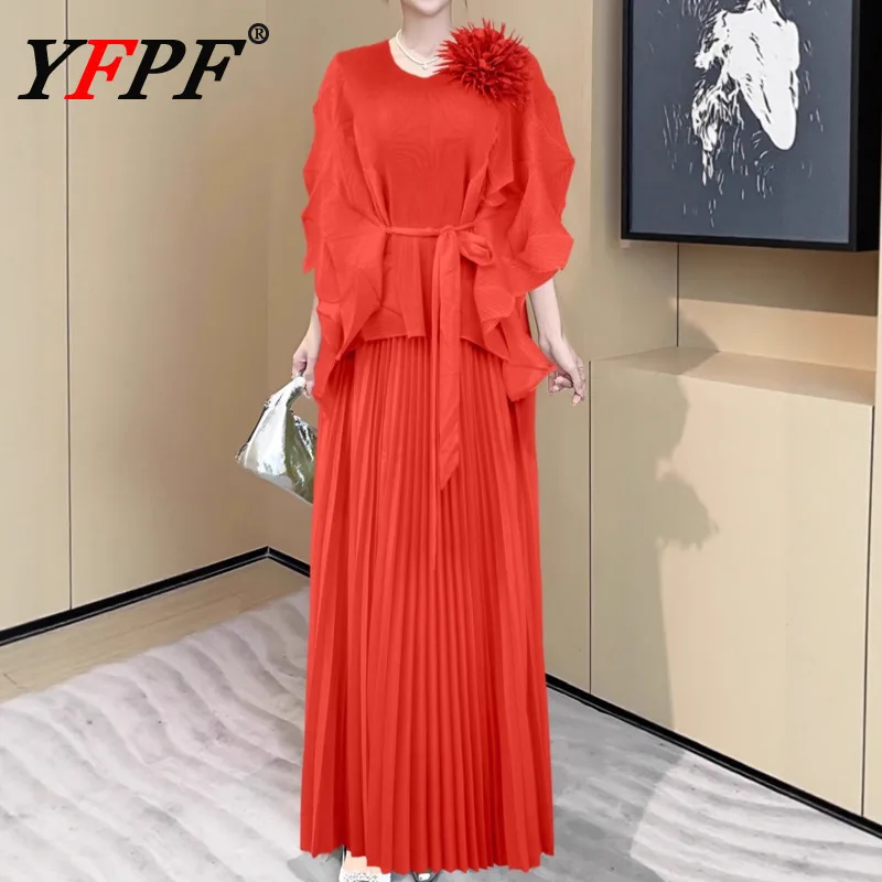 

YFPF Miyake плиссированный женский комплект из 2 предметов, элегантный однотонный топ с 3D цветами и рукавами «летучая мышь» + длинная юбка трапециевидной формы, новинка 2023 года, одежда