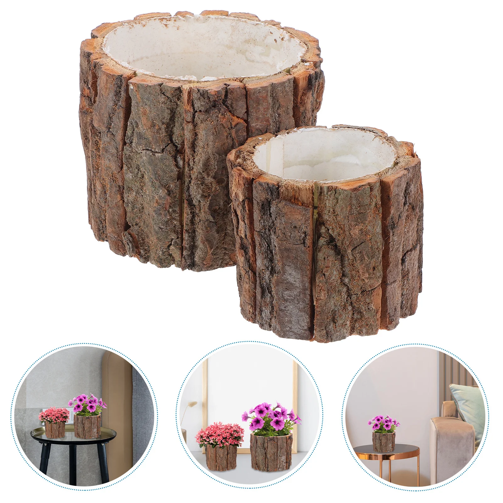 

2 Pcs Planter Boxes Outdoor Bark Fountain Wood Flower Pot Rustic Bucket Bonsai Wooden Stump