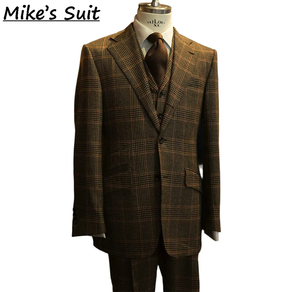 Men Brown Prince of Wales Check Tweed 3 Piece Suit Vintage Glen Plaid Wool Blazer Waistcoat Trousers Wedding Formal Suit
