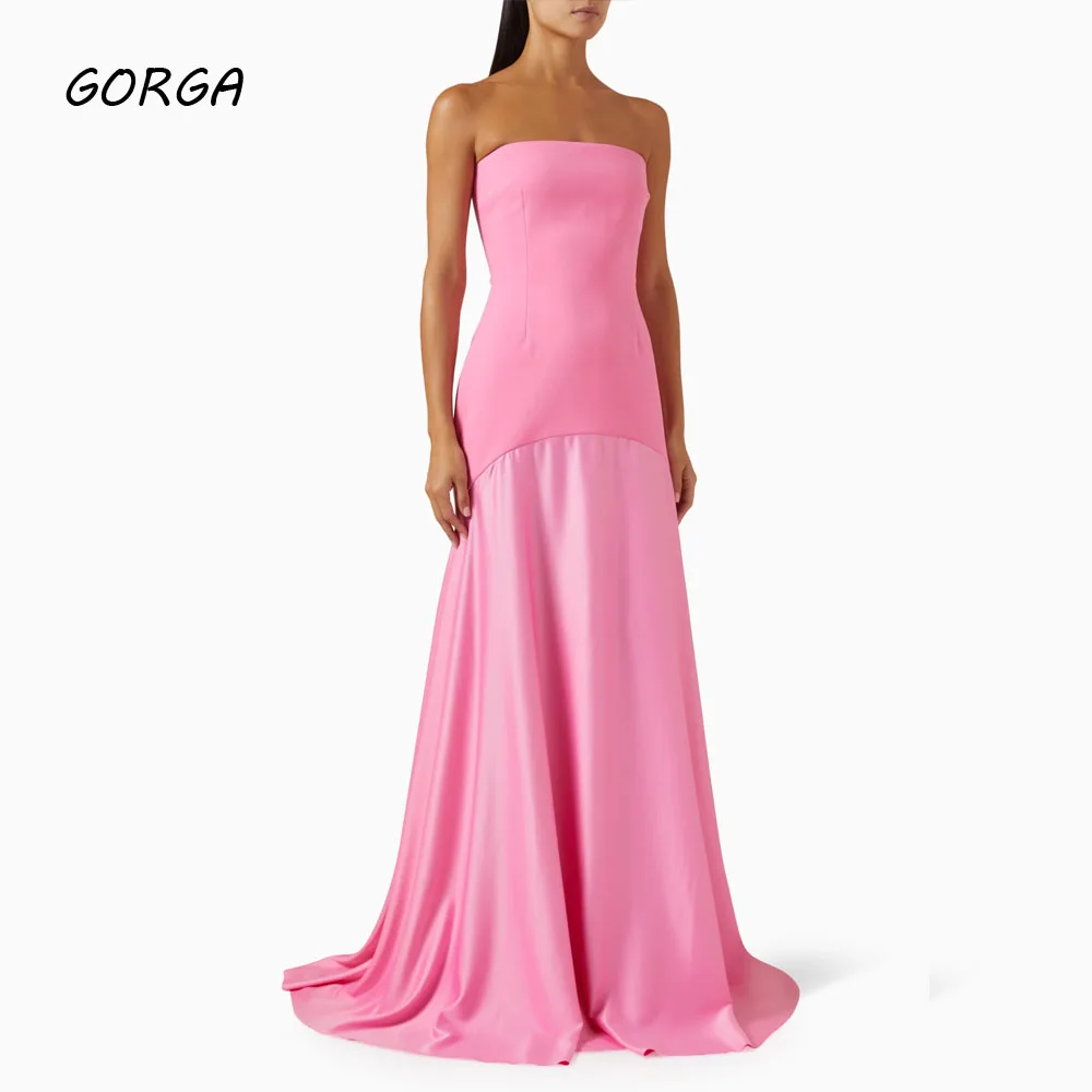 

GORGA Simple Pink Strapless Satin Mermaid 2024 Slim Crepe Backless Sleeveless Ocassion Gown Floor-Length Formal Evening Dress