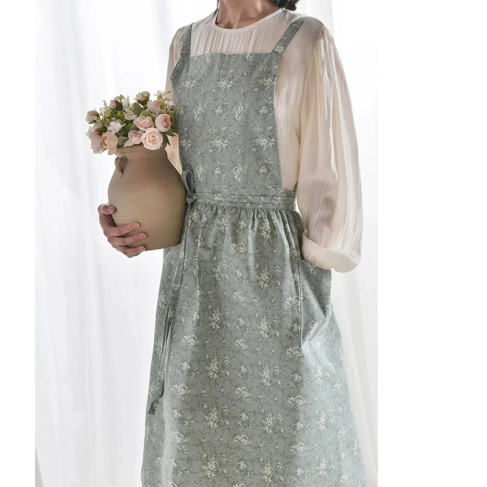 

Водонепроницаемый фартук с корейским принтом и цветами, регулируемый удлиняющий кухонный хлопковый лен, женский поясной карман, флорист, выпечка кофе