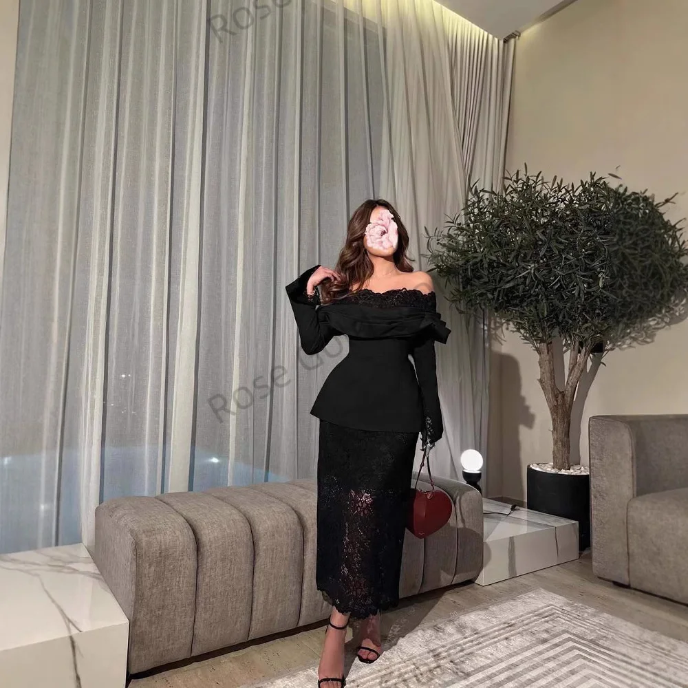 فستان سهرة أنيق بحورية البحر باللون الأسود بدون أكتاف من الدانتيل وأكمام طويلة رداء de Fiesta طويل للنساء العربيات للحفلات الراقصة