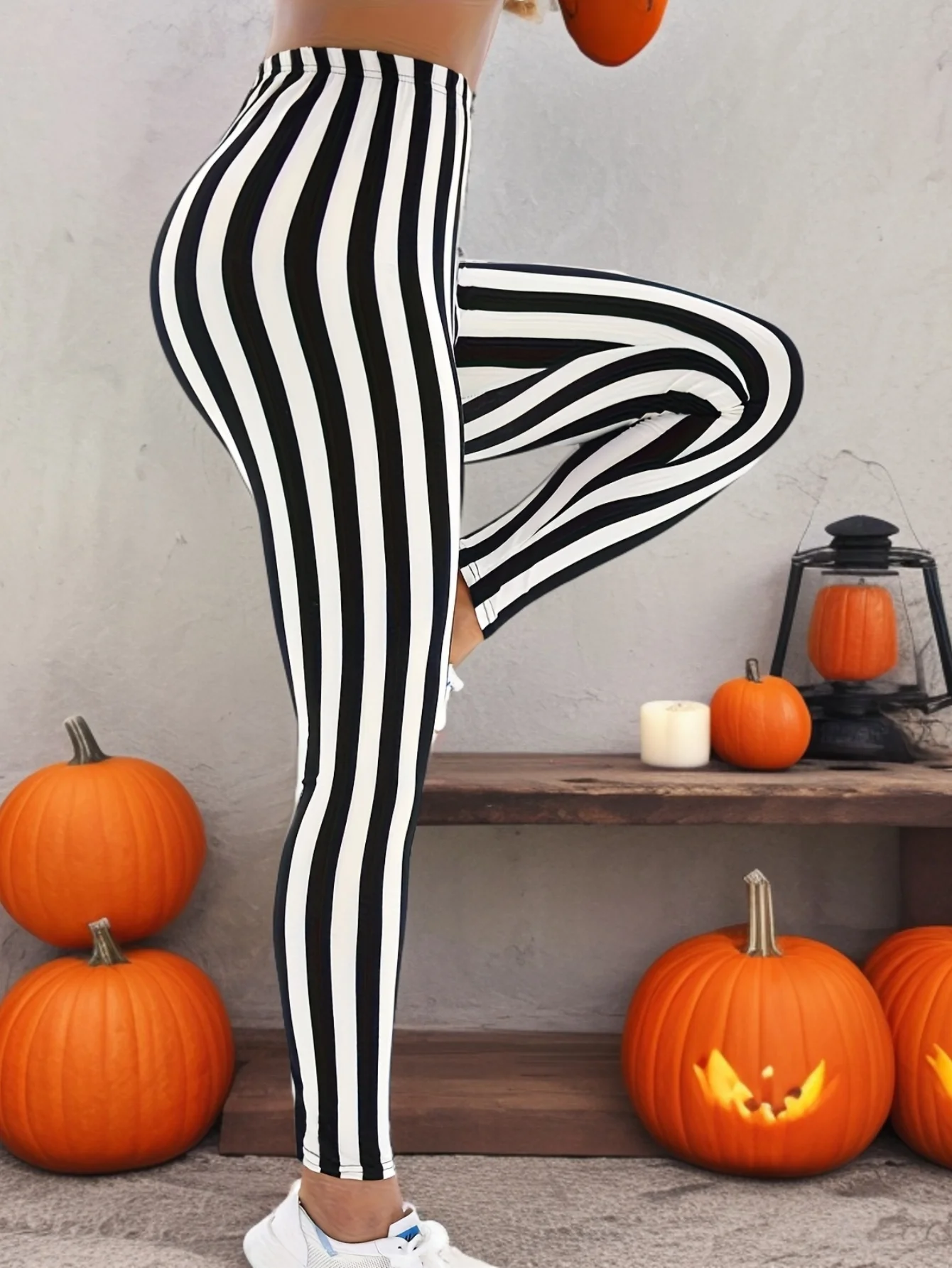 بنطال ضيق نسائي بطباعة مربعات هندسية، مصنوع من مزيج البوليستر والألياف اللدنة، مثالي لملابس الخريف والشتاء. #4