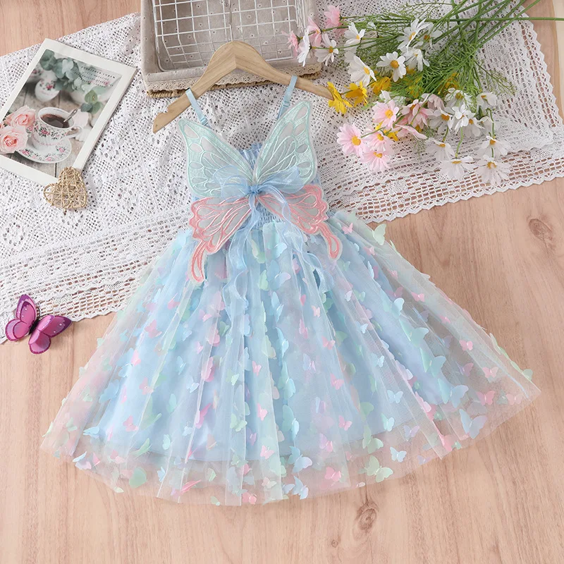 Fashion Girls Ribbon Butterfly Dress 2024 Summer Children Wings Mesh Dress Toddler Kid Sling Princess Dress