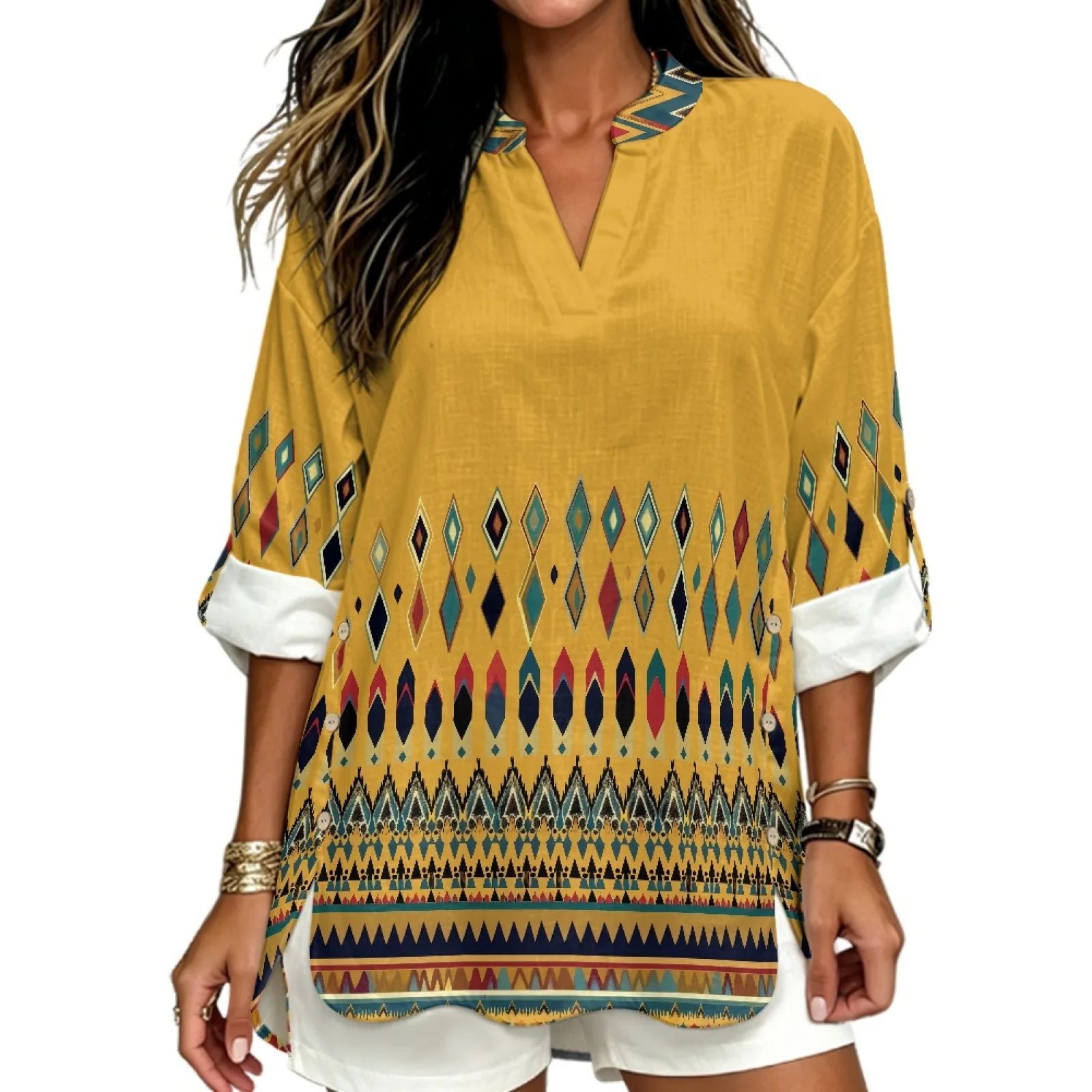 PENSTROLL Geometric Border Rolled Cuffed Blouse for Womens Linen Like V Neck Shirts V Neck Tunic Tops
