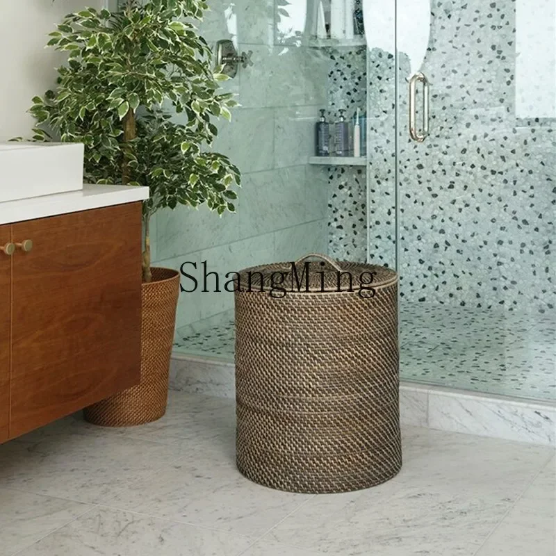 CL quality soft rattan round dirty bucket covered laundry basket large clothing storage