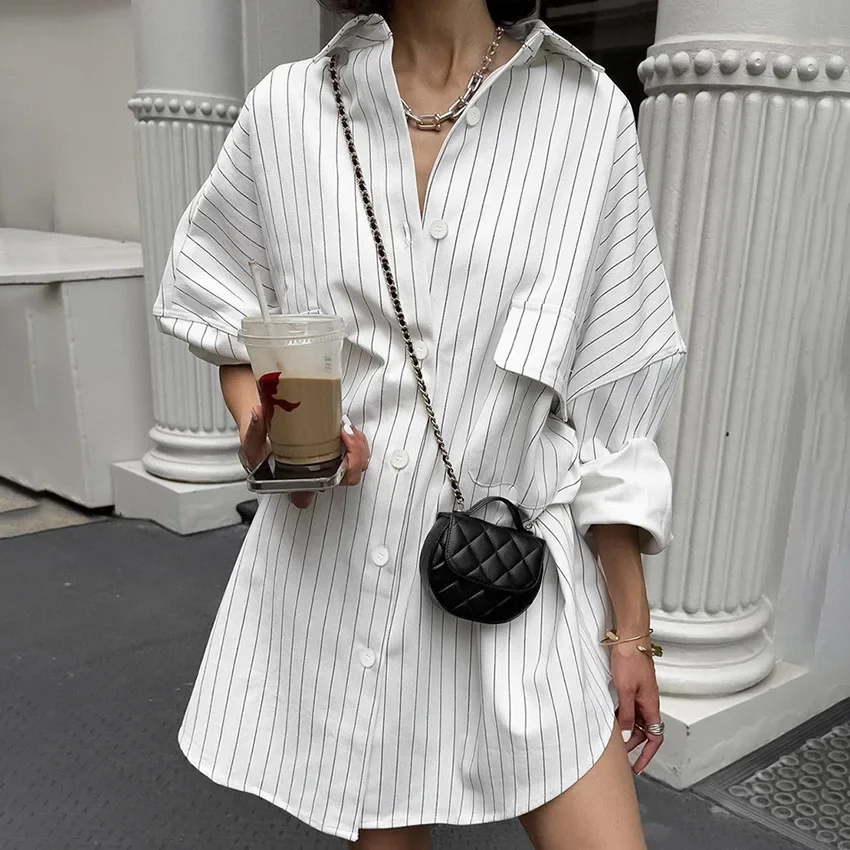 2024 Fashion Autumn Winter Women Oversized Striped Long Shirt White Long Sleeve Loose Fit Blouse Female