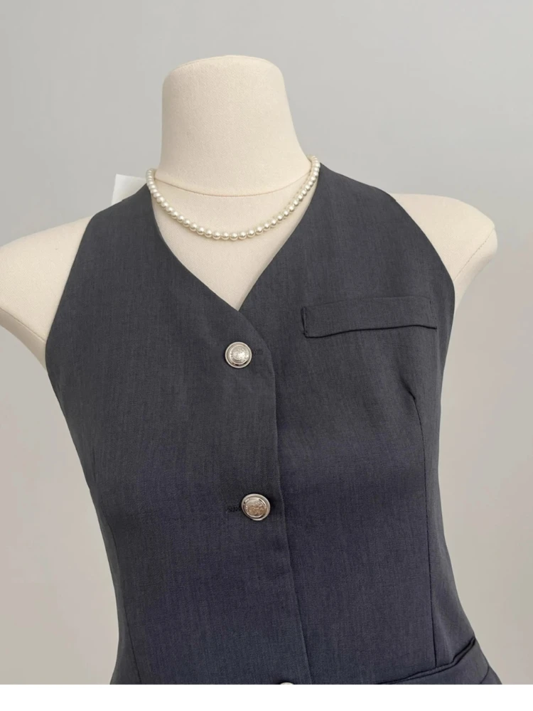 2024 French Sweet Commuter Suit Women Summer Sexy Bow Backless Blazer Vest+High Waist A-Line Skirt Elegant Slim-Fit 2-Piece Set