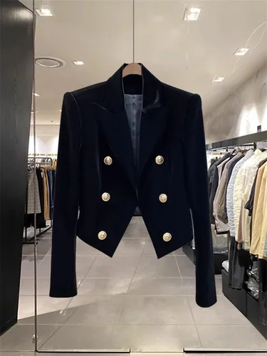 2025 nueva camisa cruzada de terciopelo con estilo adelgazante y versátil adecuada para chaqueta de traje corta de Estatura corta para mujer