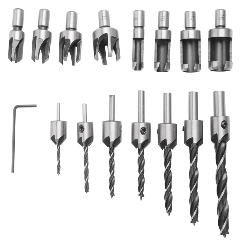 8 Pieces HSS Taper Claw Type Wood Plug Cutter Drill Bits 5/8 Inch 1/2 Inch 3/8 Inch 1/4 Inch + 7 Pieces Countersink Drill Bits S