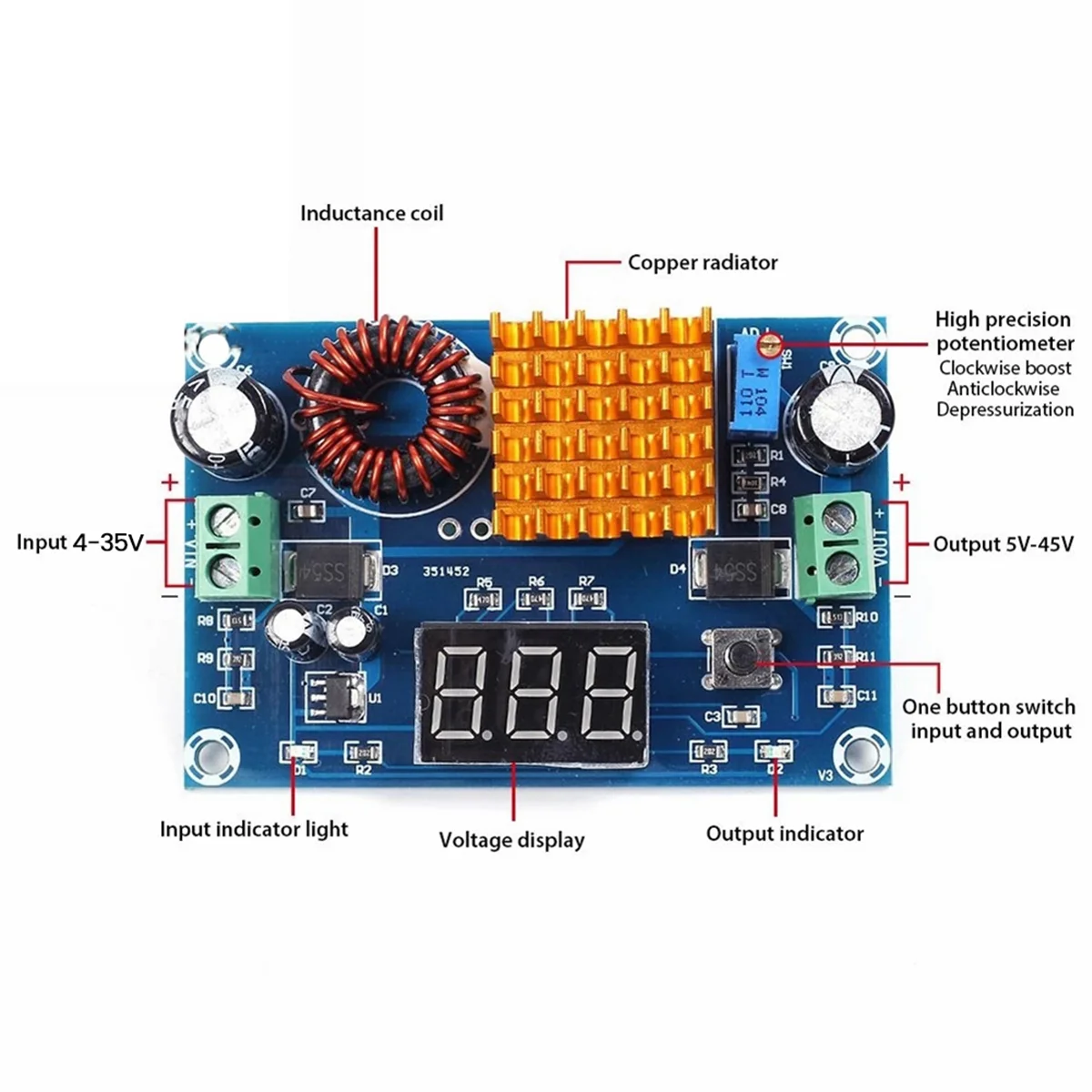 ABYA 2Pcs XH-M411 DC 4-35V to 5-45V Boost Module Digital Voltmeter Boost Converter Board 5A Power Adjustable Step-Up Module