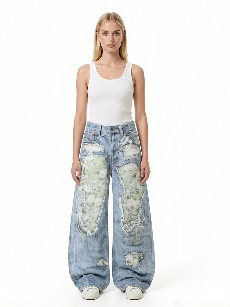 Frayed Torn Holes Streetwear Distressed Bleached Washed Retro Gothic Grunge Loose Women's Jeans Pants Trousers for Women Girls