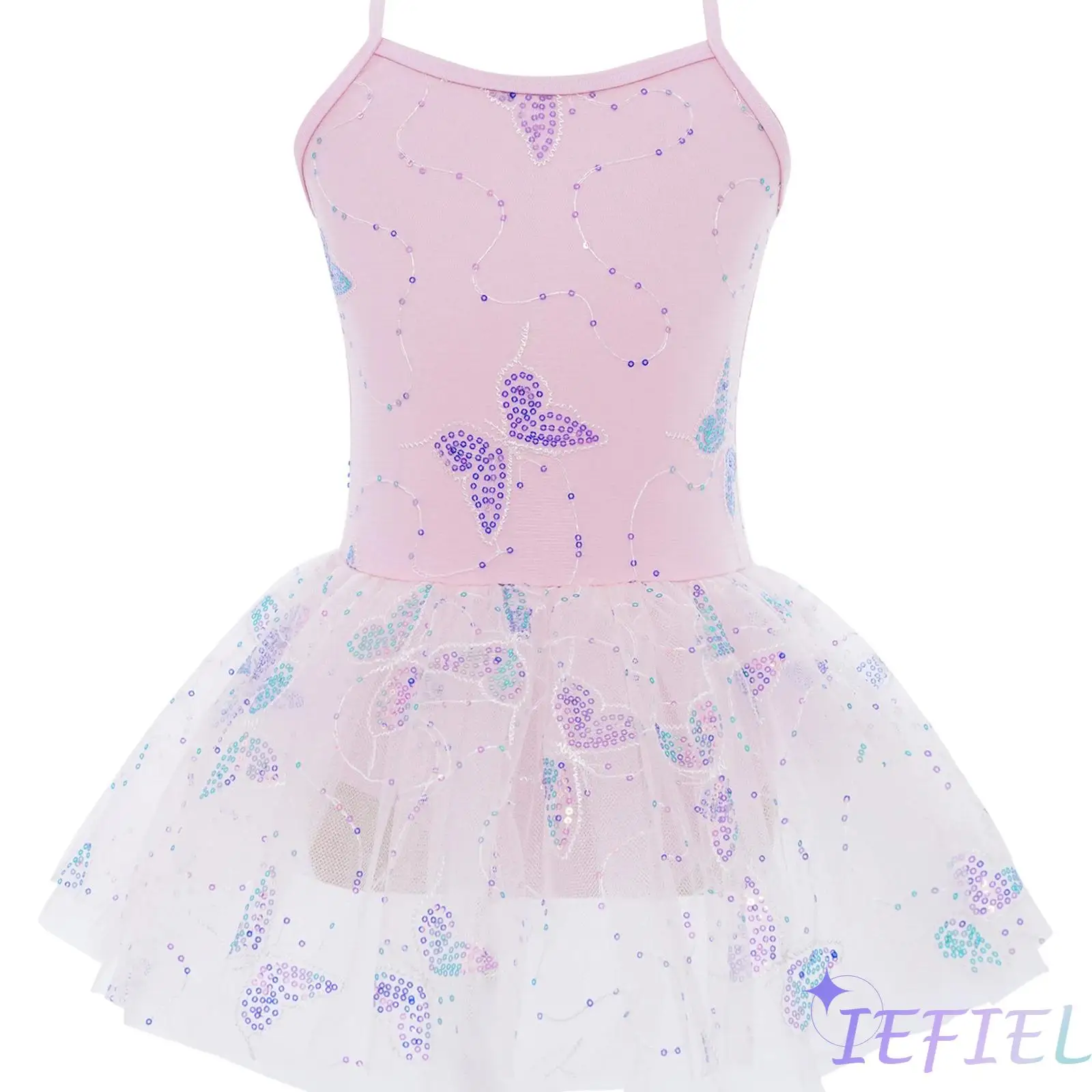

Kids Girls Ballet Dance Performance Costume Cross Back Shiny Sequin Butterfly Embroidery Tutu Dress with Built-in Briefs