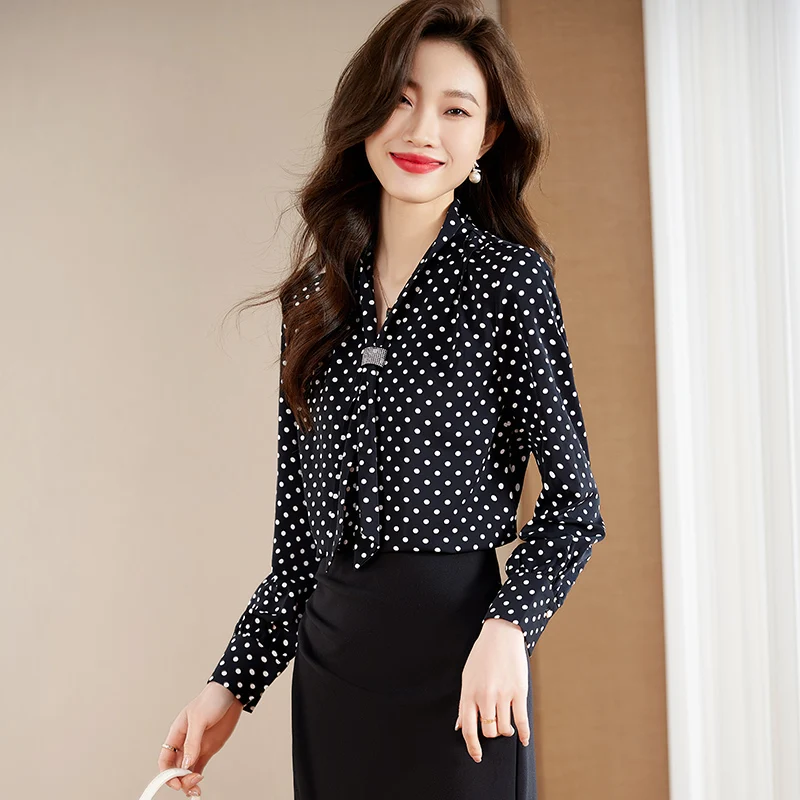 NAVIU Black Dot V Neck Shirt Women Spring New Fashion Temperament Chiffon Design Bow Formal Blouses Office Ladies Work Tops