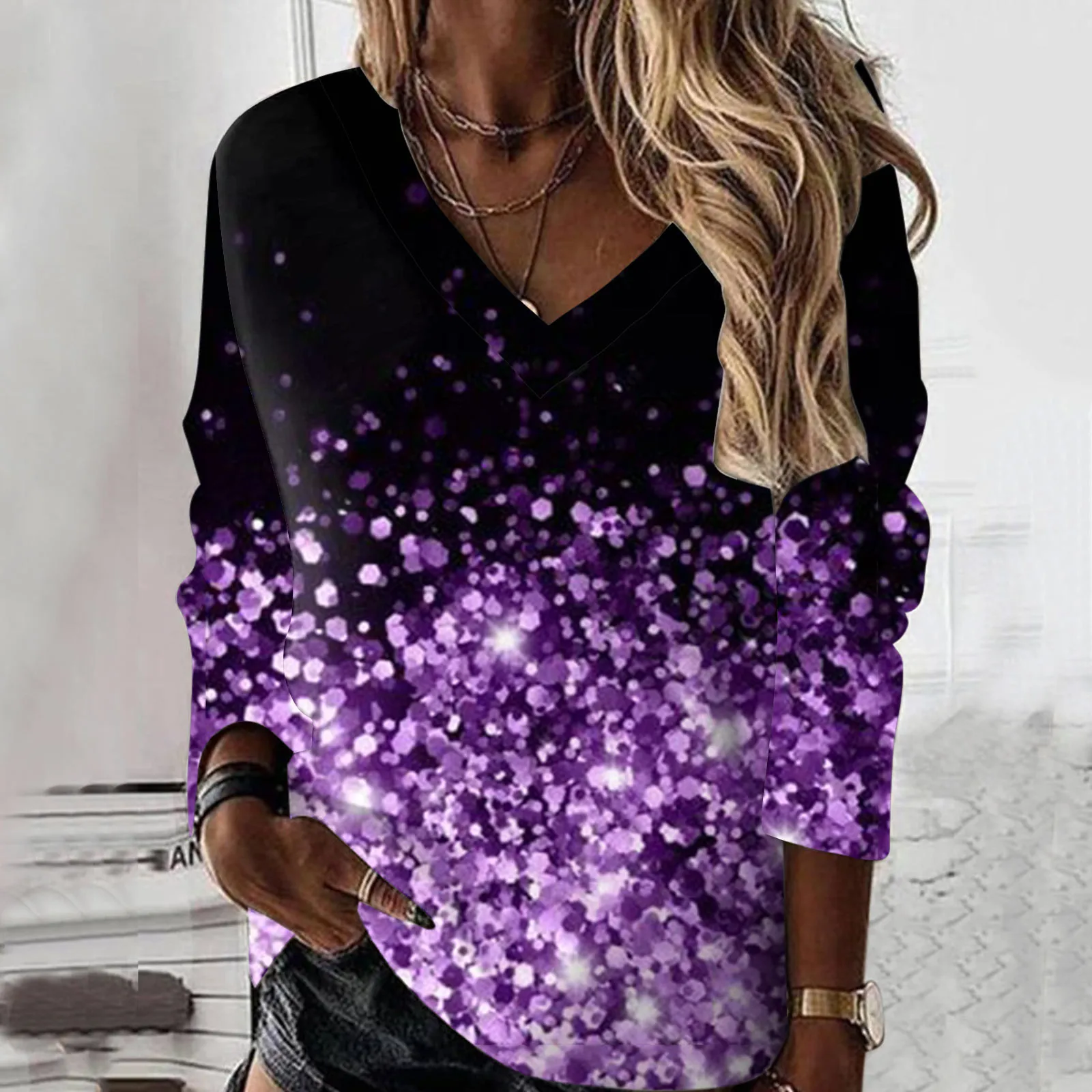 Long Sleeve T Shirts Women Glitter Print V Neck Ladies Large Size Loose Tunic Tops Pullovers Female 2024 Streetwear Tee Shirts