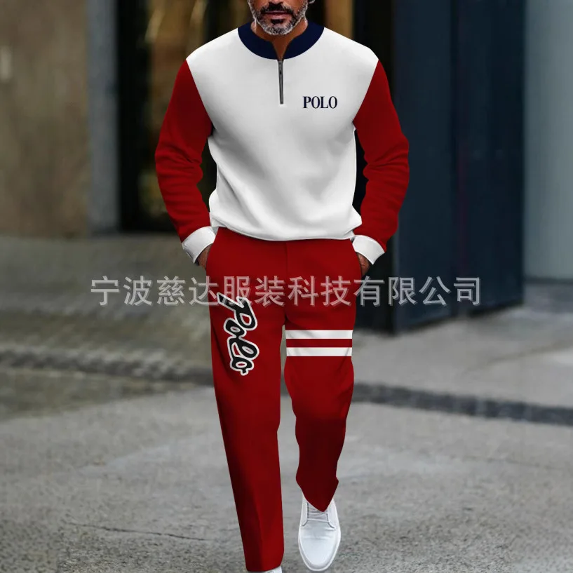 2025 New Mens Half Open Placket Zip Pullover   Casual Fashion Long Sleeve  Pants Set