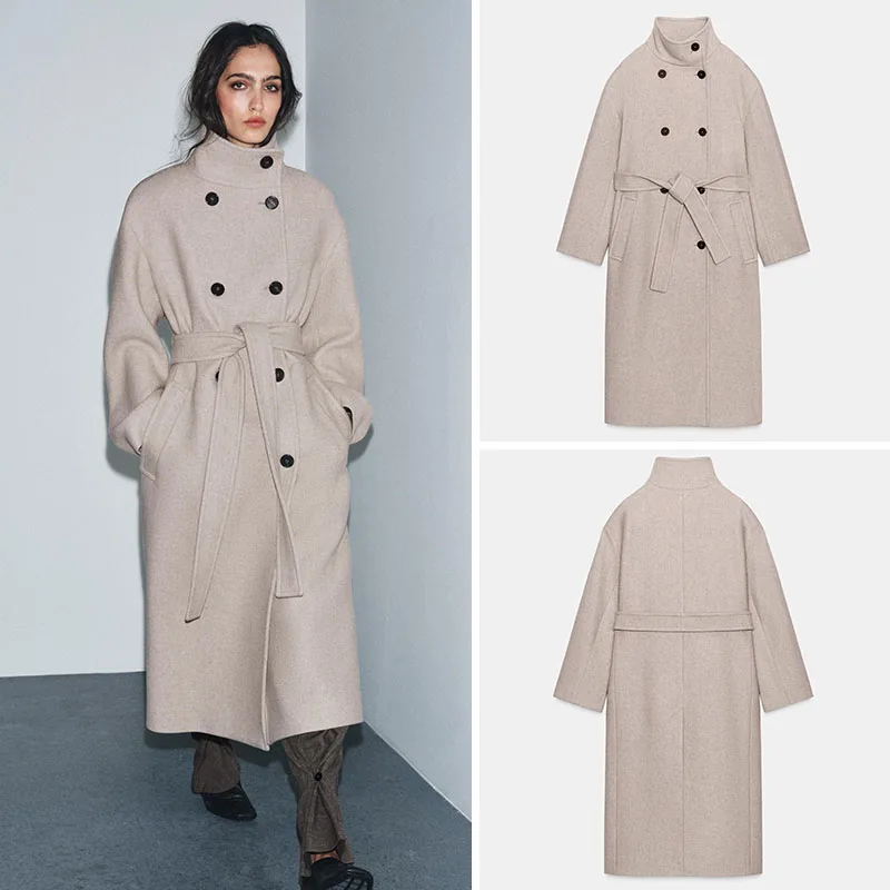 

Winter New Arrival Women's Long Sleeve Stand Collar Double Breasted Belted Coat Outerwear Commute Style Standard Fit Outerwear