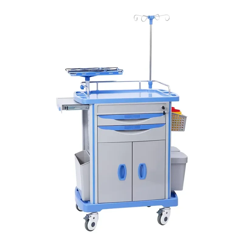 2 Drawer Medical ABS Hospital Cart With Infusion Bar And Plastic Wheels For Clinic Use Durable Nursing Trolley Wholesale
