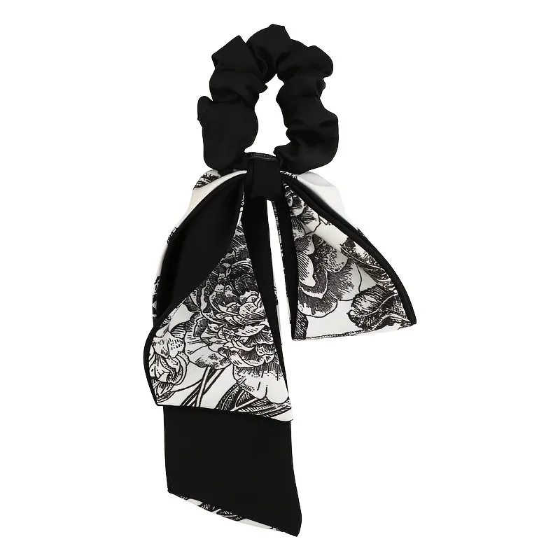 Black Velvet Retro Art Black White Printed Long Ribbon Hairband Bow Shaped Women Curling Elegant Fashion Versatile Decorative image 6