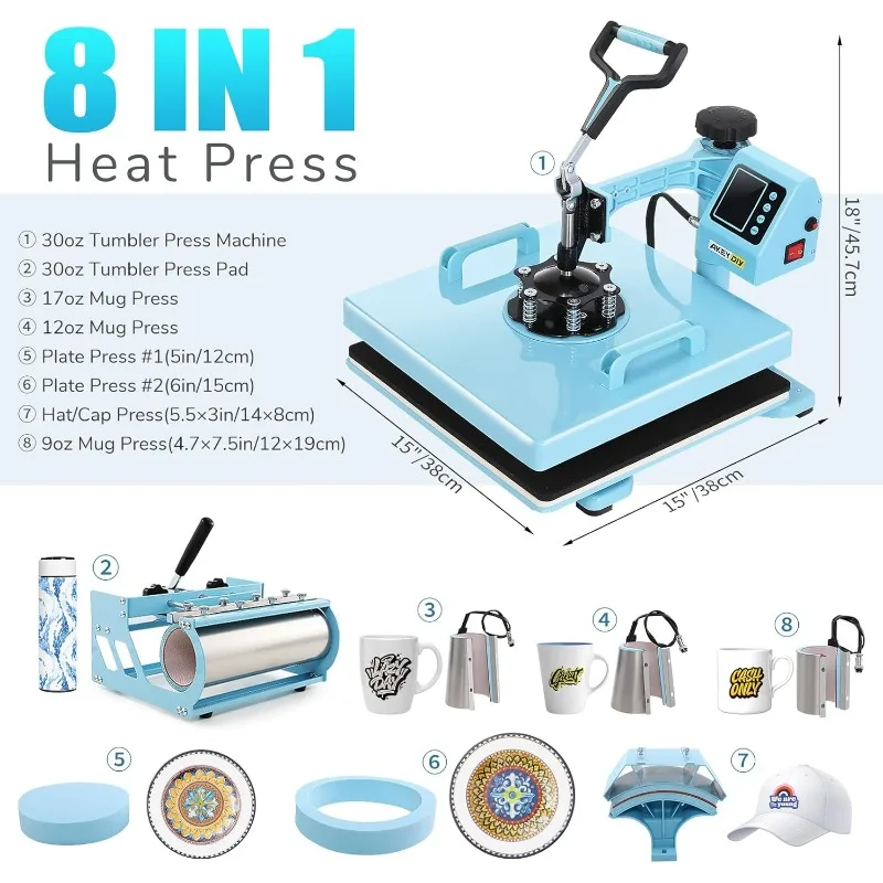 8 in 1 Heat Press kit, 15x15 Heat Press Machines with Attachment 9-30oz Tumblers Press, Hats Press, Flats Press, Multifunction