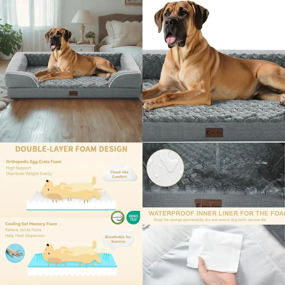 

XXL Orthopedic Dog Bed, Waterproof Memory Foam with Bolster, 53x42 Inches, Non-Slip, Removable Cover, Grey
