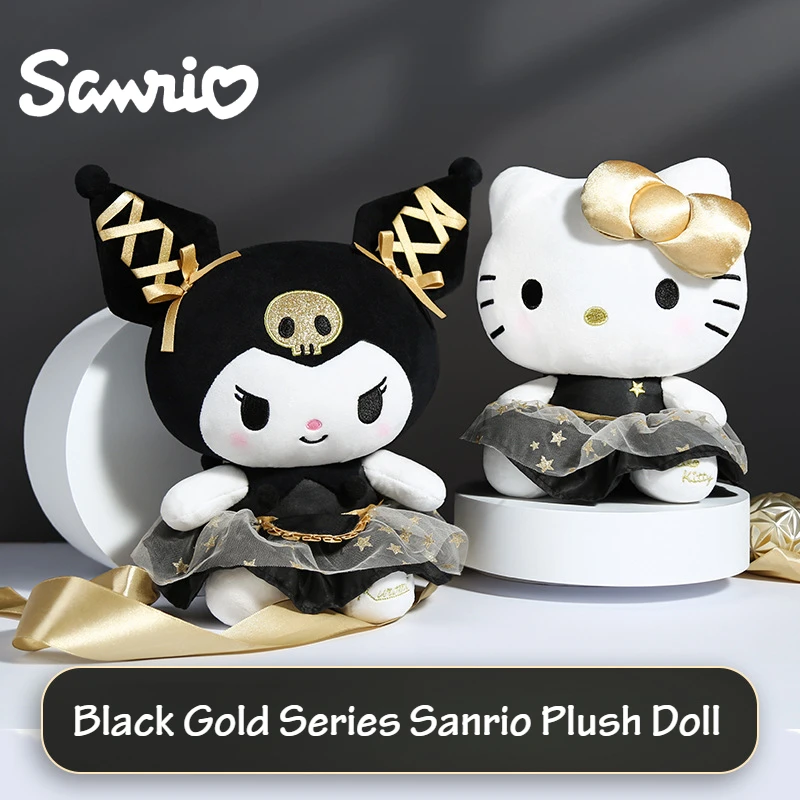 

New Sanrio Black Gold Plush Toy Cartoon Figure Kawaii Cool Melody Kuromi Hello Kitty Girls Doll Toys Home Decoration Child Gifts