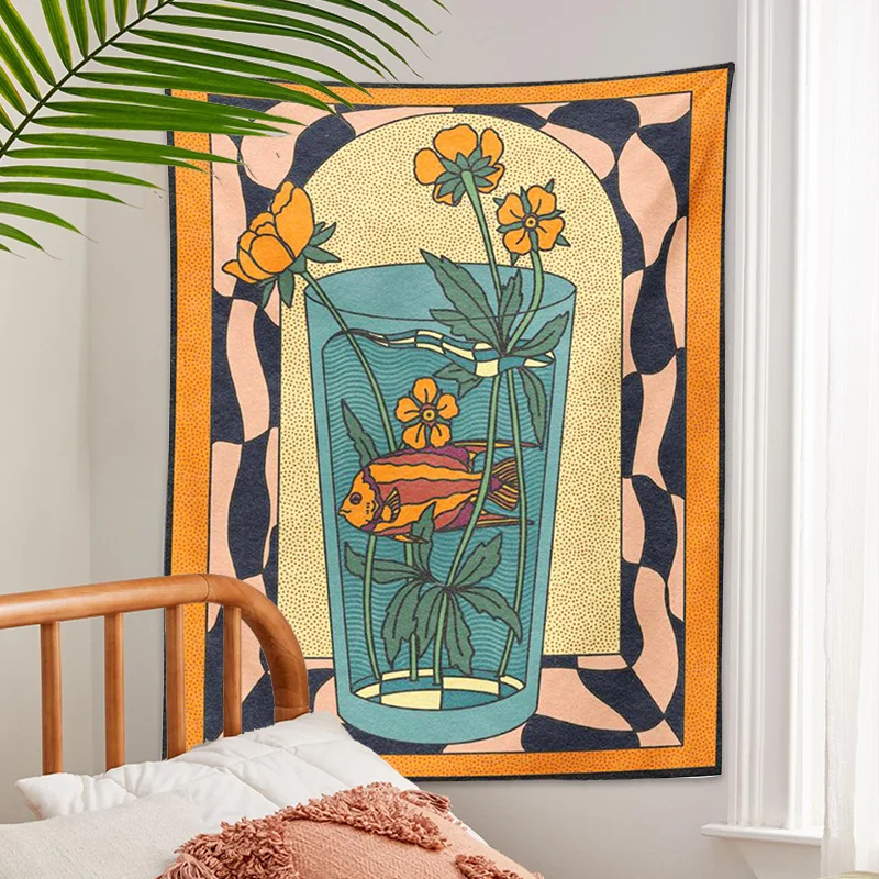 

Tapestry Vintage Style Vase Goldfish Flower Decorative Tapestry Minimalist Bohemian Style Wall