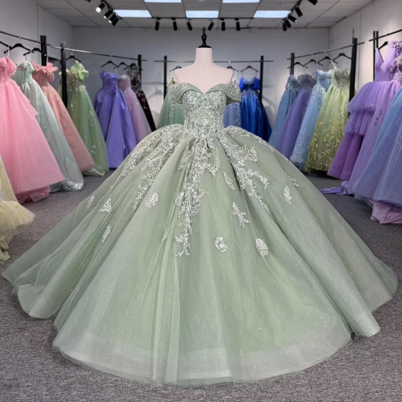 Robe de Rhen dentelle perlée verte menthe, robes de Quinceanera chérie, Off Initiated, TehydrSweet 16, robe éducative, 15 pièces