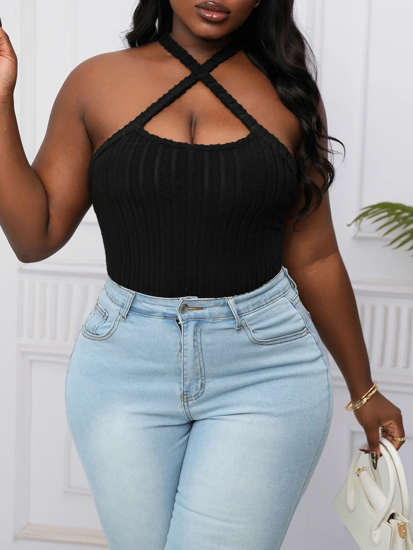 

Spring Summer Women Plus Size Fashion Casual Cross Strap Halter Sexy Off Shoulder Top Sleeveless Vest Cami