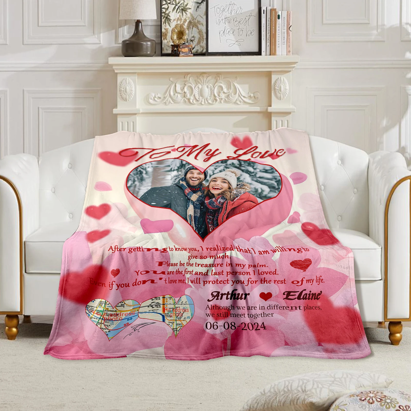 Personalized Valentine's Day Flannel Blanket. 3 Pictures, 3 Set Phrases, Hearts for Couples' Love.