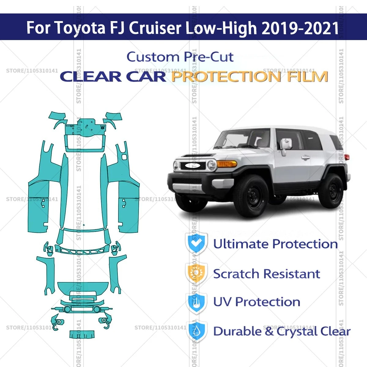 

Для Toyota FJ Cruiser Low-High 2019-2021: Предварительно вырезанная прозрачная защитная пленка PPF для автомобиля, полный комплект для всего кузова