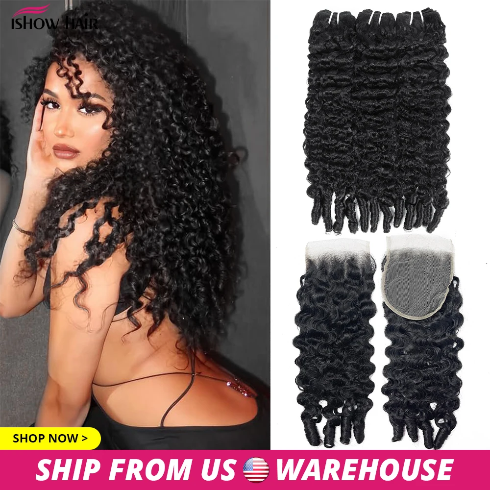 

Ishow Burmese Curly Bundles With Lace Closure Human Hair Bundles With 4X4 Lace Closure Human Hair Extensions For Women