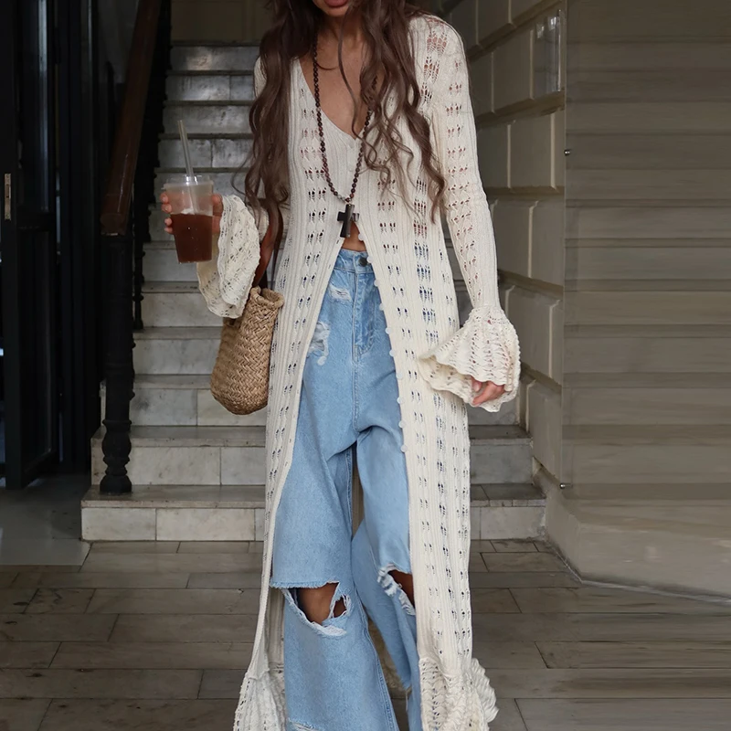 French Style Holiday New Hollow Out Flared Sleeve Knitted Coat Fall Casual Long Loose Hem Cardigan Elegant Design Button Outwear