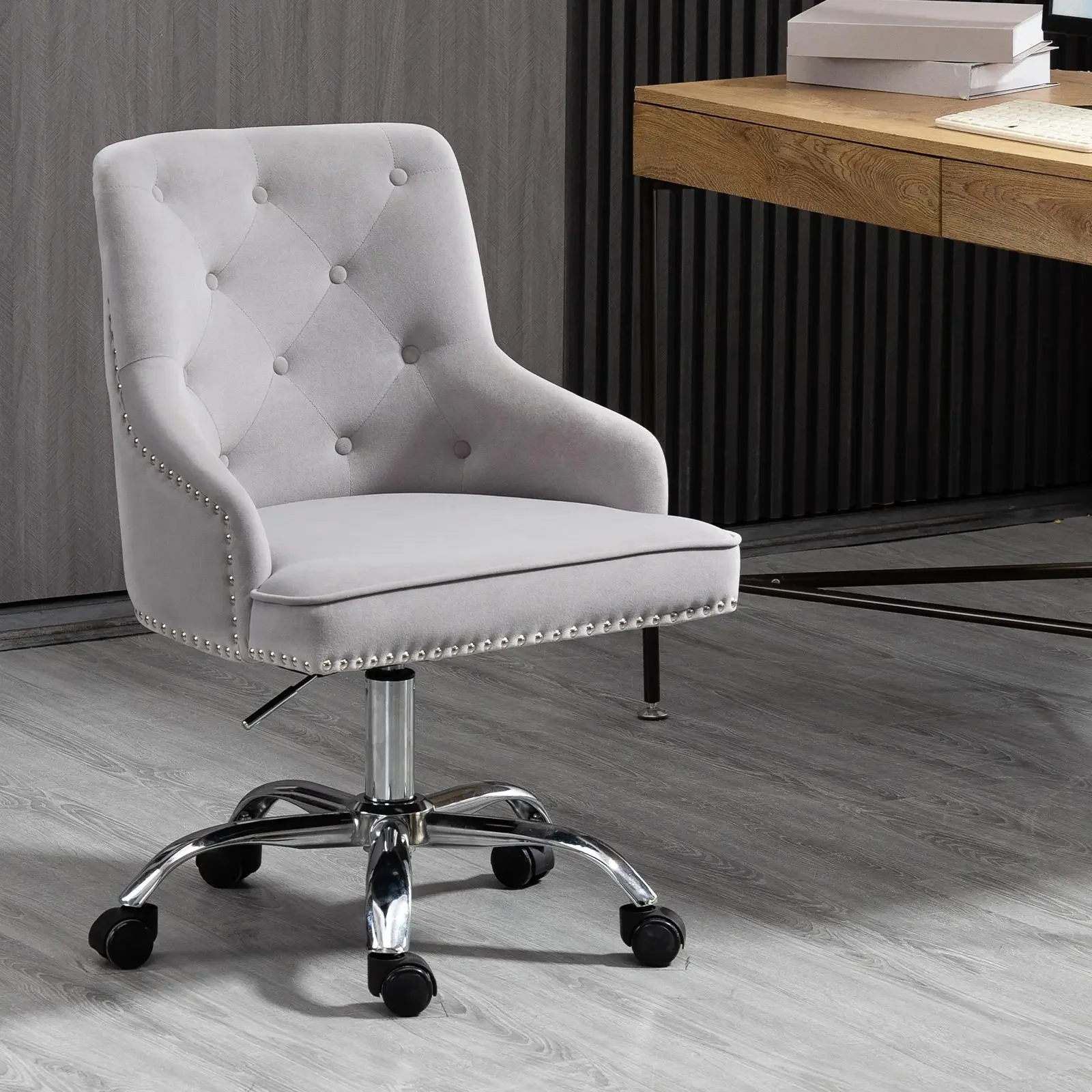 Modern Mid-Back Tufted Office Adjustable Height Computer Chair Velvet Soft Vanity Chair with Rivet and Arm Support Furniture