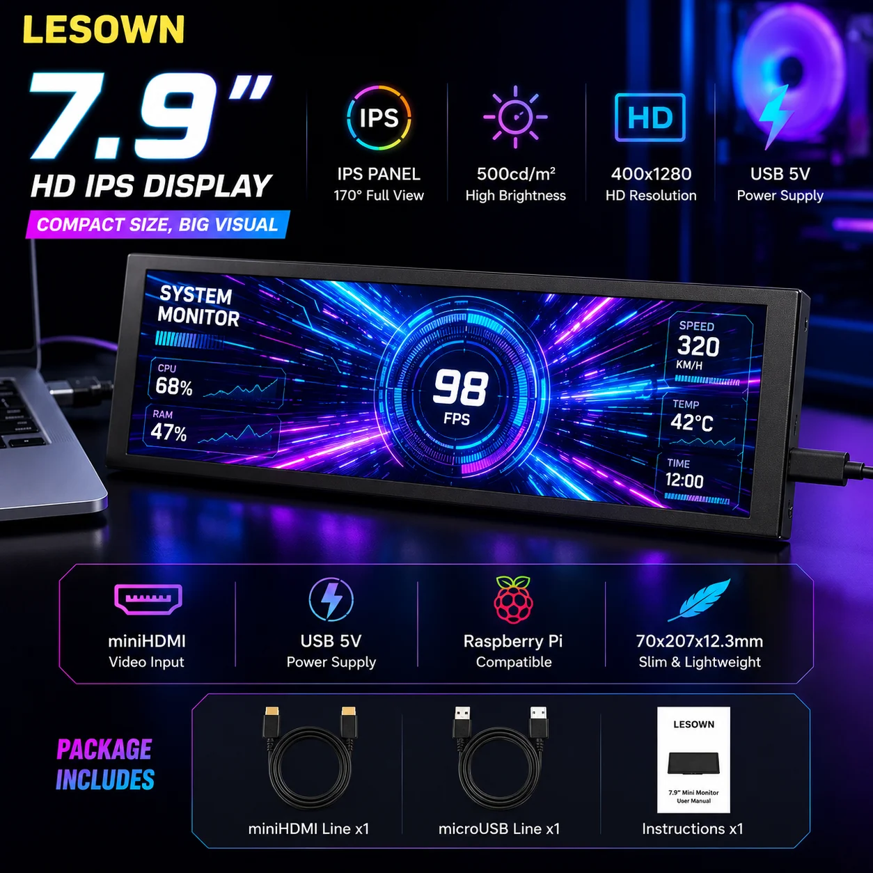 LESOWN External Screen Driver-free Black 7.9in Raspberry Pi DIY Screen HDTV 1280x400 5:16