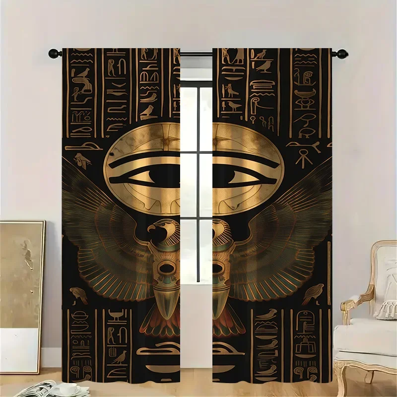 

2pcs Egyptian Horus Falcon Curtains with Rod Pocket, Black Gold Winged God Pattern Sheer, Mystical Theme for Statement Wall
