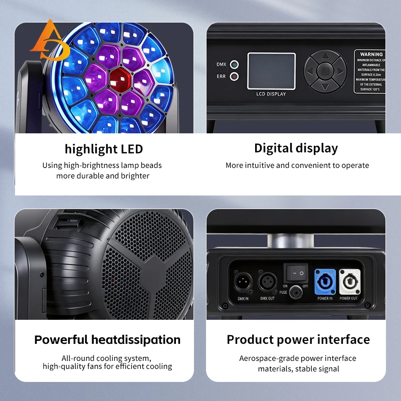 19x15W RGBW LED Bee-Eye Zoom Moving Head Light with Halo Ring DMX512 Suitable for Wedding Bar Nightclub Partie DJ Stage Special