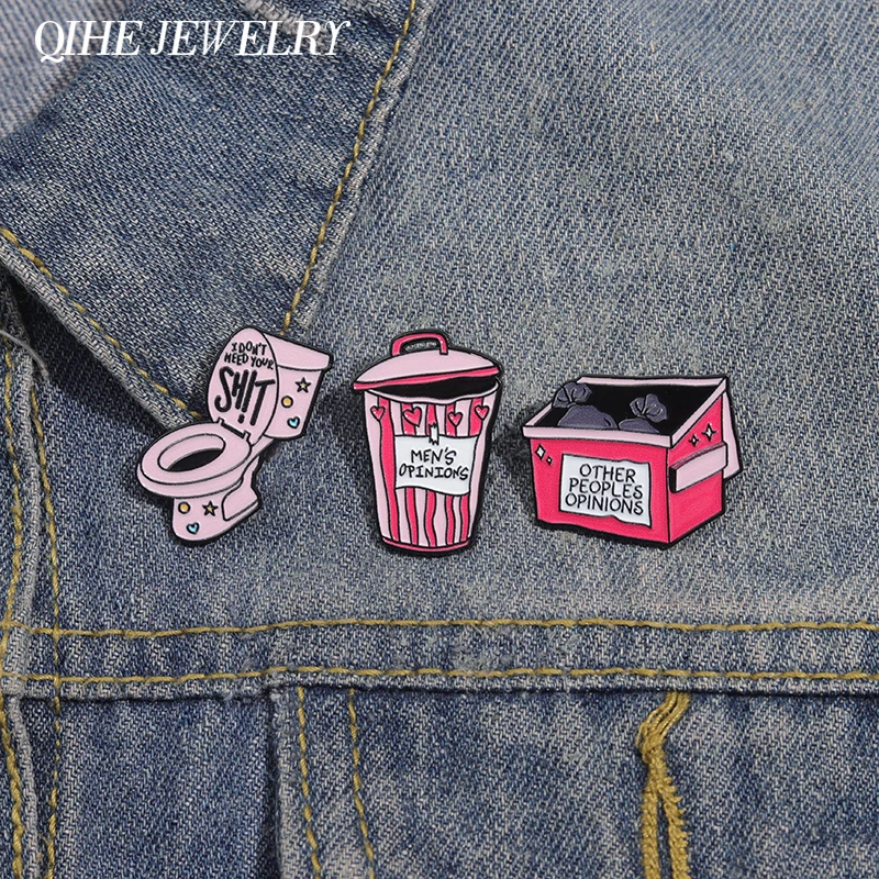 Men's Opinions Trash Can Brooch Enamel Pins Sarcastic Quotes Other Peoples Opinion Dustbin Brooch Lapel Badge Pink Jewelry Pins