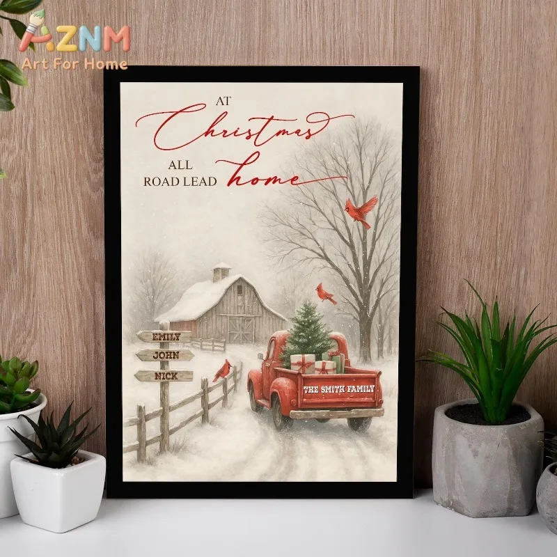 Vintage Rustic Christmas Red Truck Cardinal Barn Quote Canvas Poster Prints Frameless Wall Art Festive Winter Home Bar Decor