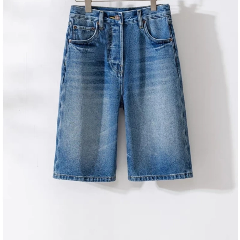 

Minimalist and niche 2025 summer high waisted straight leg slim fit five quarter denim wide leg pants