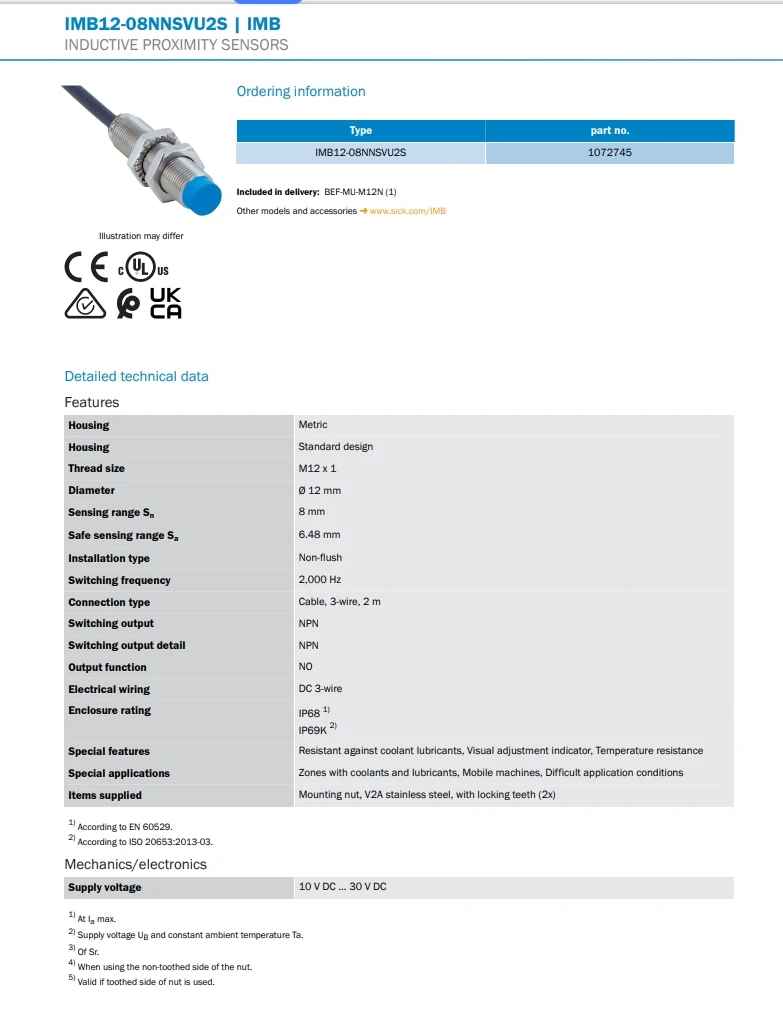 Индуктивный датчик приближения SICK IMB12-08NNSVU2S Номер заказа 1072745, бесконтактный переключатель, новый оригинальный подлинный в наличии