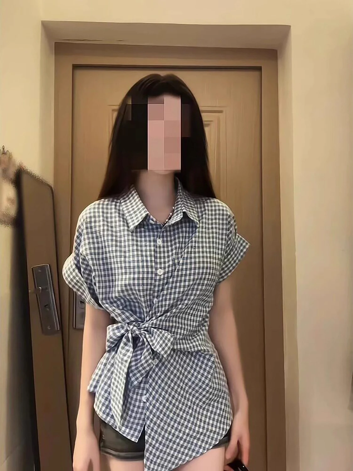 

Korean Style Blue Plaid Neck Short Sleeve Shirt Women Summer Slim Fit High End Casual Top Knot Belt Design