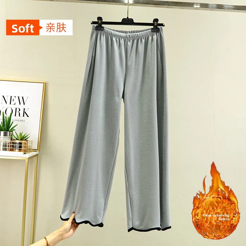 プラスサイズの女性の秋冬の厚いフリース裏地付きワイドレッグパンツゆったりとした快適なハイウエストカジュアルパンツ