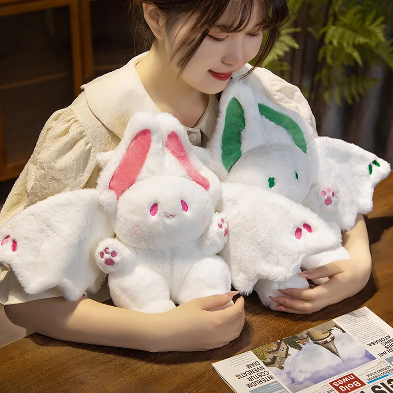 

35/45cm White Cute Bat Rabbit Plush Pillow Stuffed Pink Green Ears Flying Animal Plushie Soft Anime Cartoon Present
