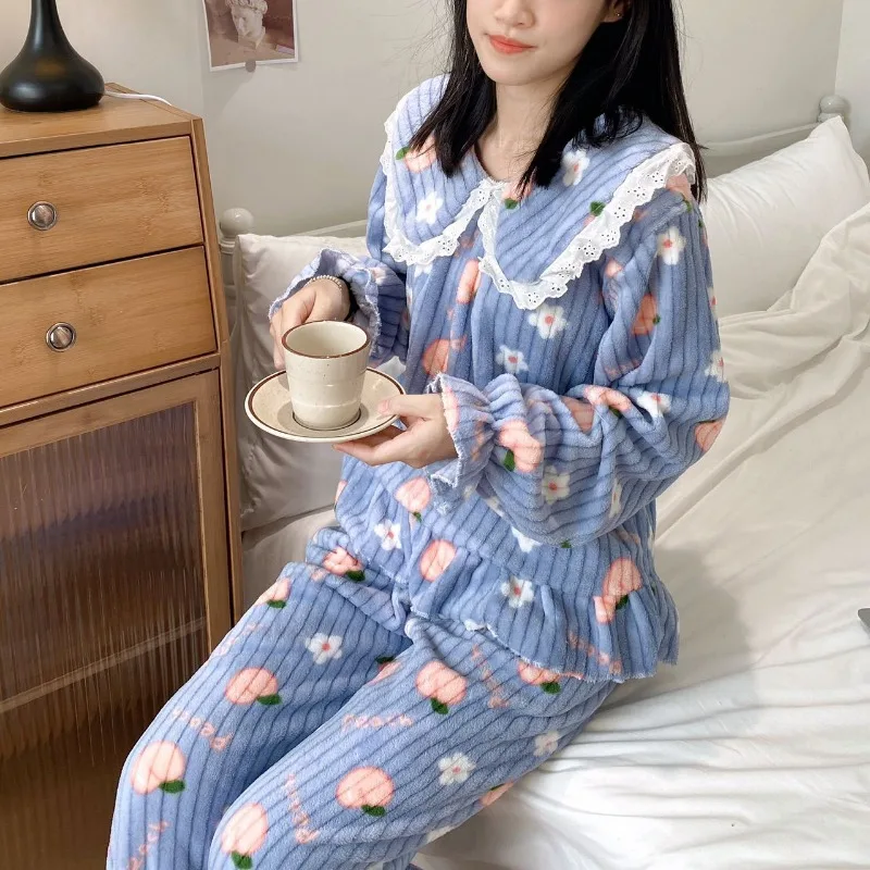 Thickened Warm Sleepwear Loungewear for Winter Printed Peach Pajamas Homewear Coral Velvet 2PCS Set Cartoon Bear Cute Plus Size